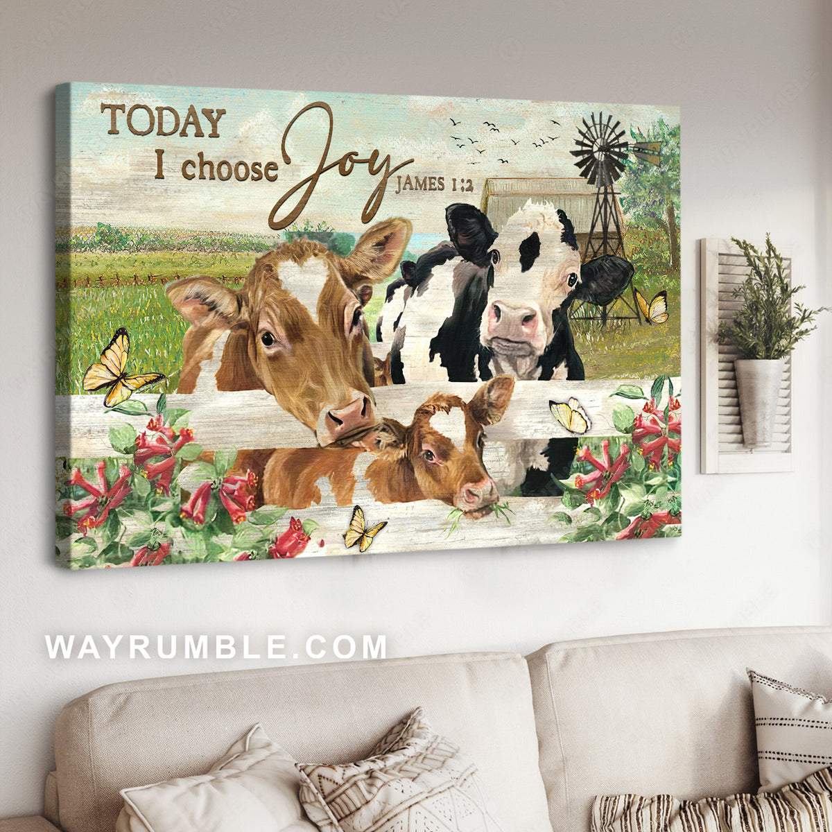 Cow farm drawing, Green meadow, Gladiolus flower, Today I choose joy - Jesus Landscape Canvas Prints, Christian Wall Art