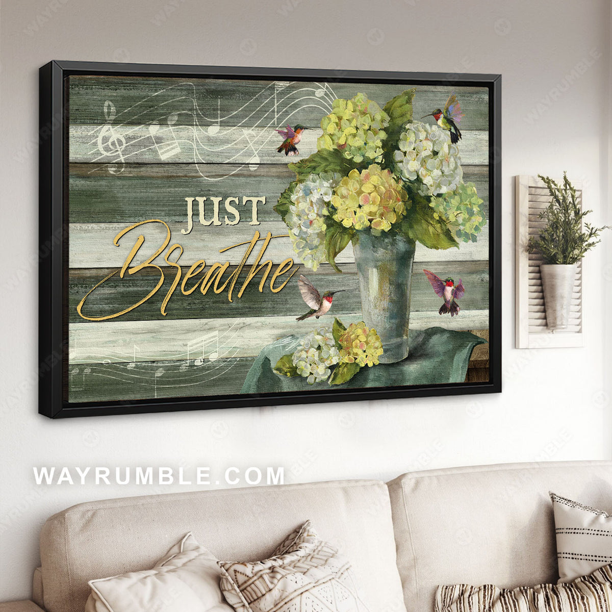 Green hydrangeas, Music sheet, Colorful hummingbird, Just breathe - Jesus Landscape Canvas Prints, Christian Wall Art