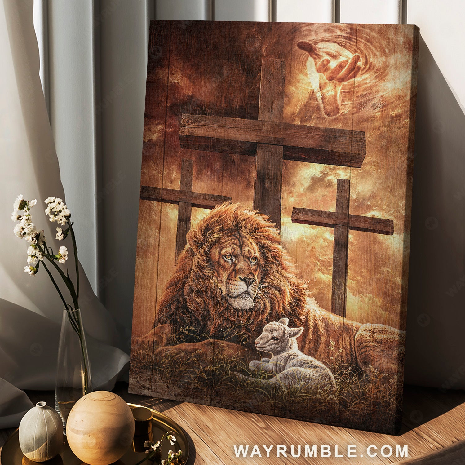 Beautiful cross symbol, Big lion, Little lamb, Holding Jesus hand - Jesus Portrait Canvas Prints, Home Decor Wall Art