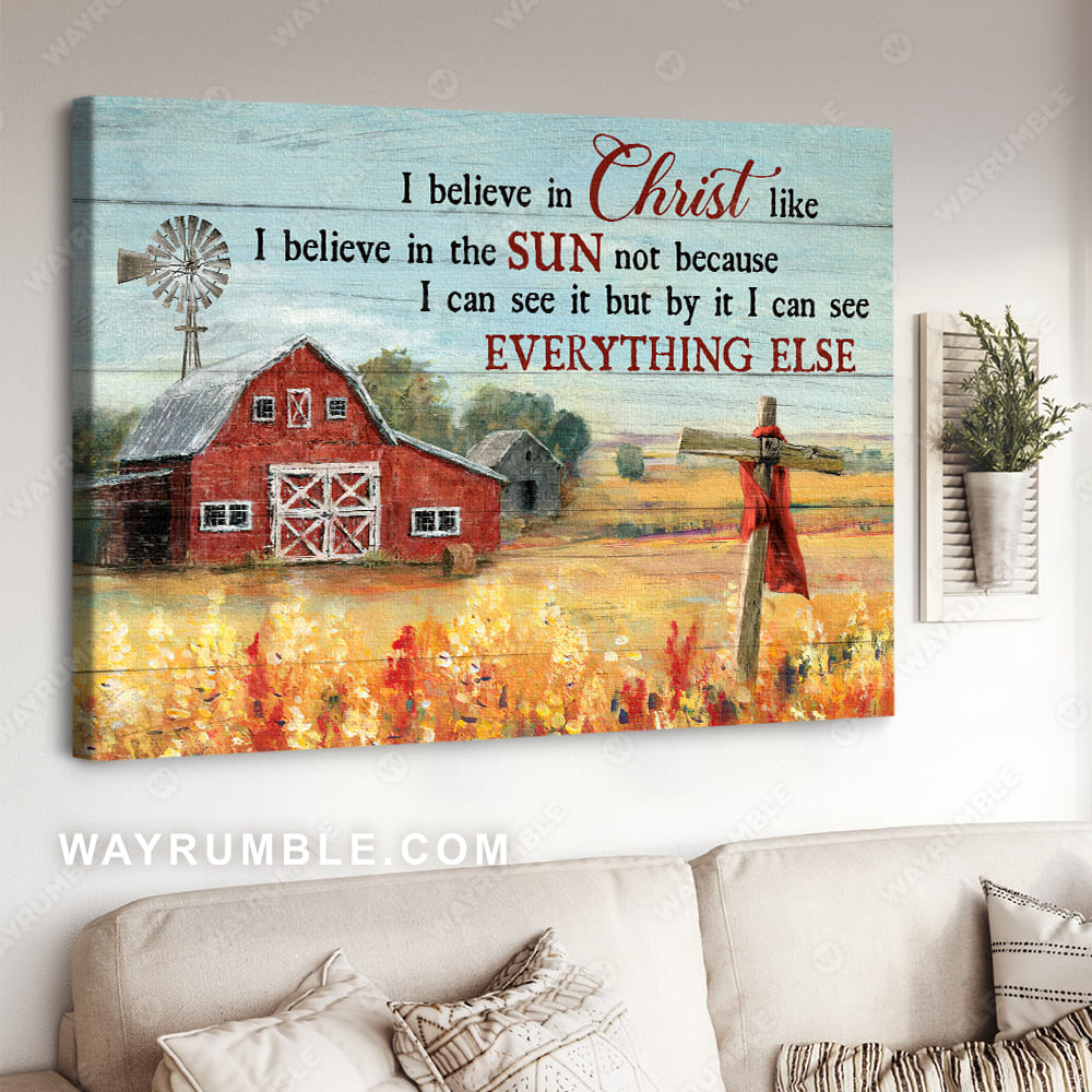 Countryside painting, Yellow flower field, Vintage house, I believe in Christ - Jesus Landscape Canvas Prints, Christian Wall Art