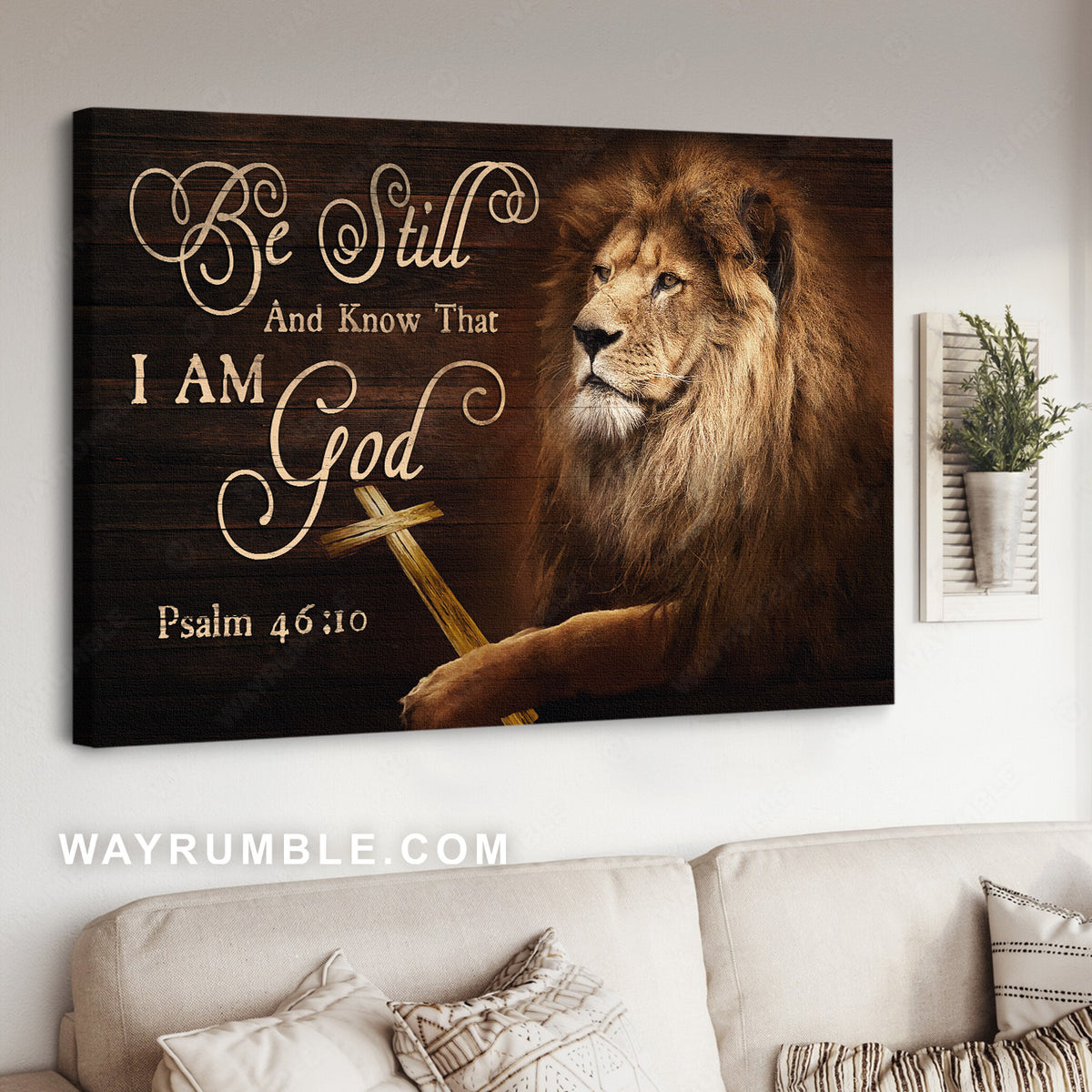 Lion painting, The king and the holy cross, Lion of Judah, Be still and know that I am God - Jesus Landscape Canvas Prints, Christian Wall Art