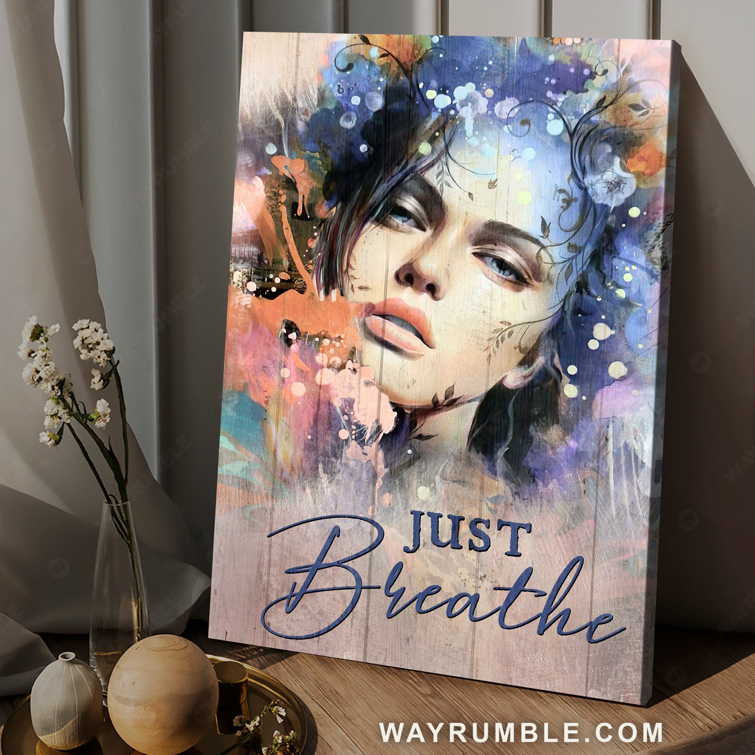 Beautiful face, Flower wreath, Colorful background, Just breathe - Jesus Portrait Canvas Prints, Christian Wall Art