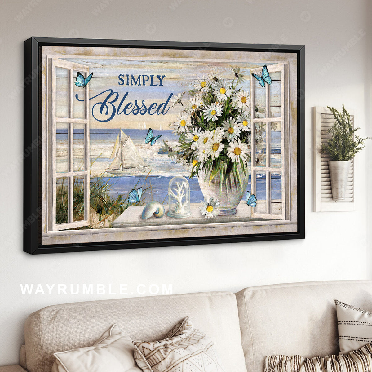 Beautiful beach, Daisy vase, Summer painting, Simply blessed - Jesus Landscape Canvas Prints, Home Decor Wall Art