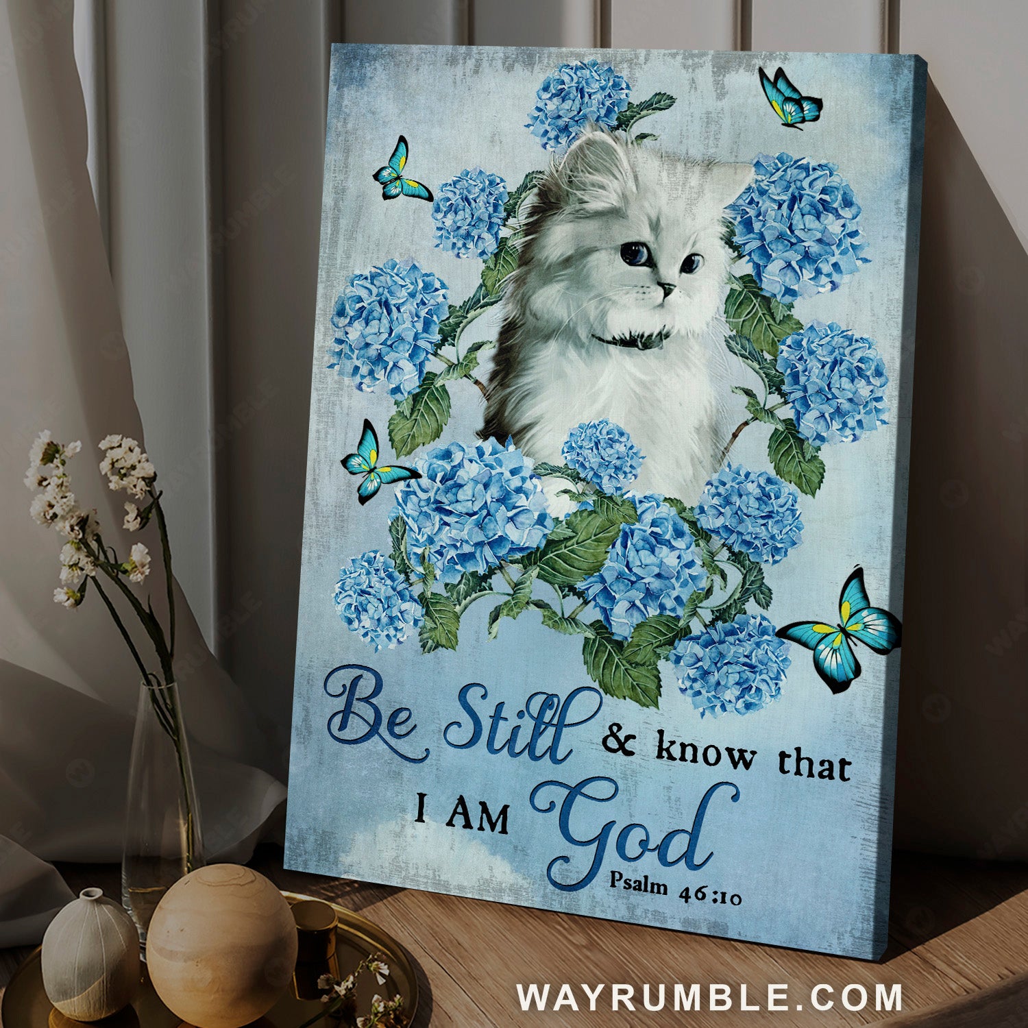White cat, Blue hydrangea, Pretty butterfly, Be still and know that I am God - Jesus Portrait Canvas Prints, Home Decor Wall Art