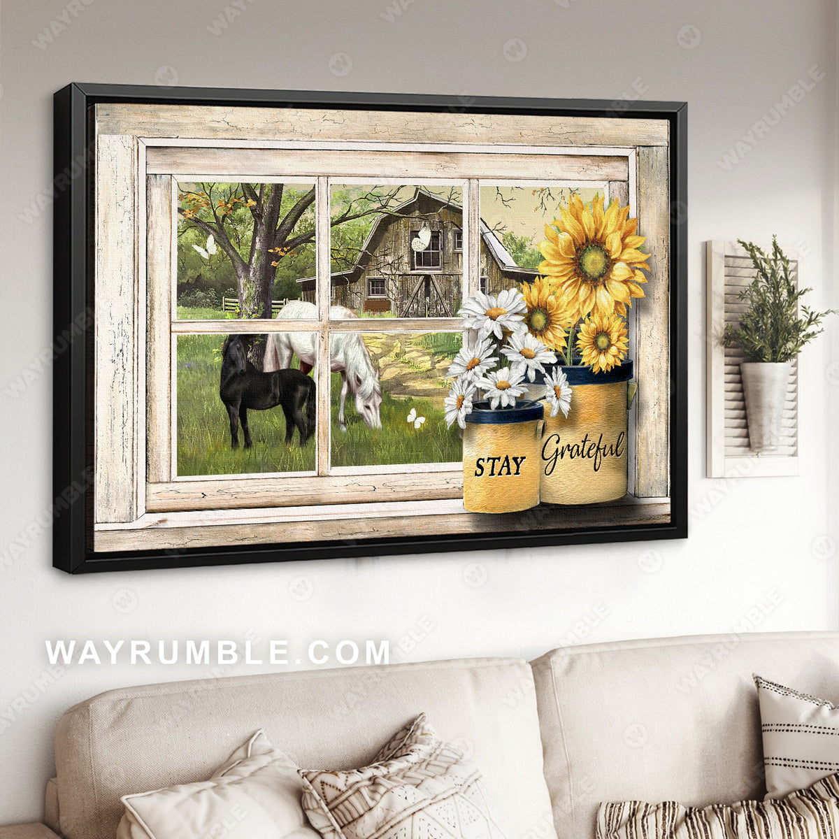 Quarter horses, Green meadow, Flower painting, Wooden house, Stay grateful - Jesus Landscape Canvas Prints, Christian Wall Art
