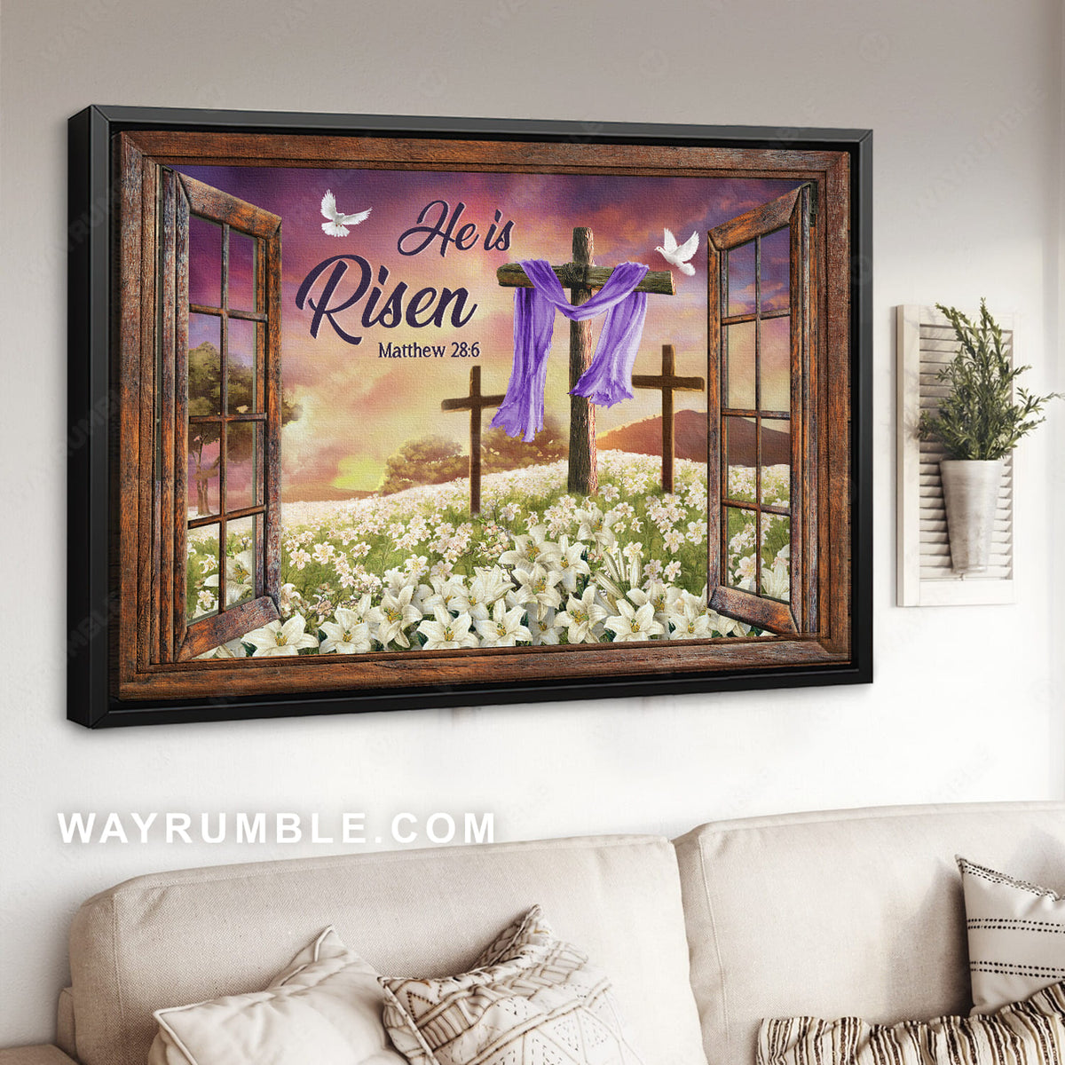 White lily flower, Beautiful cross, Sunset, He is risen - Jesus Landscape Canvas Prints, Christian Wall Art