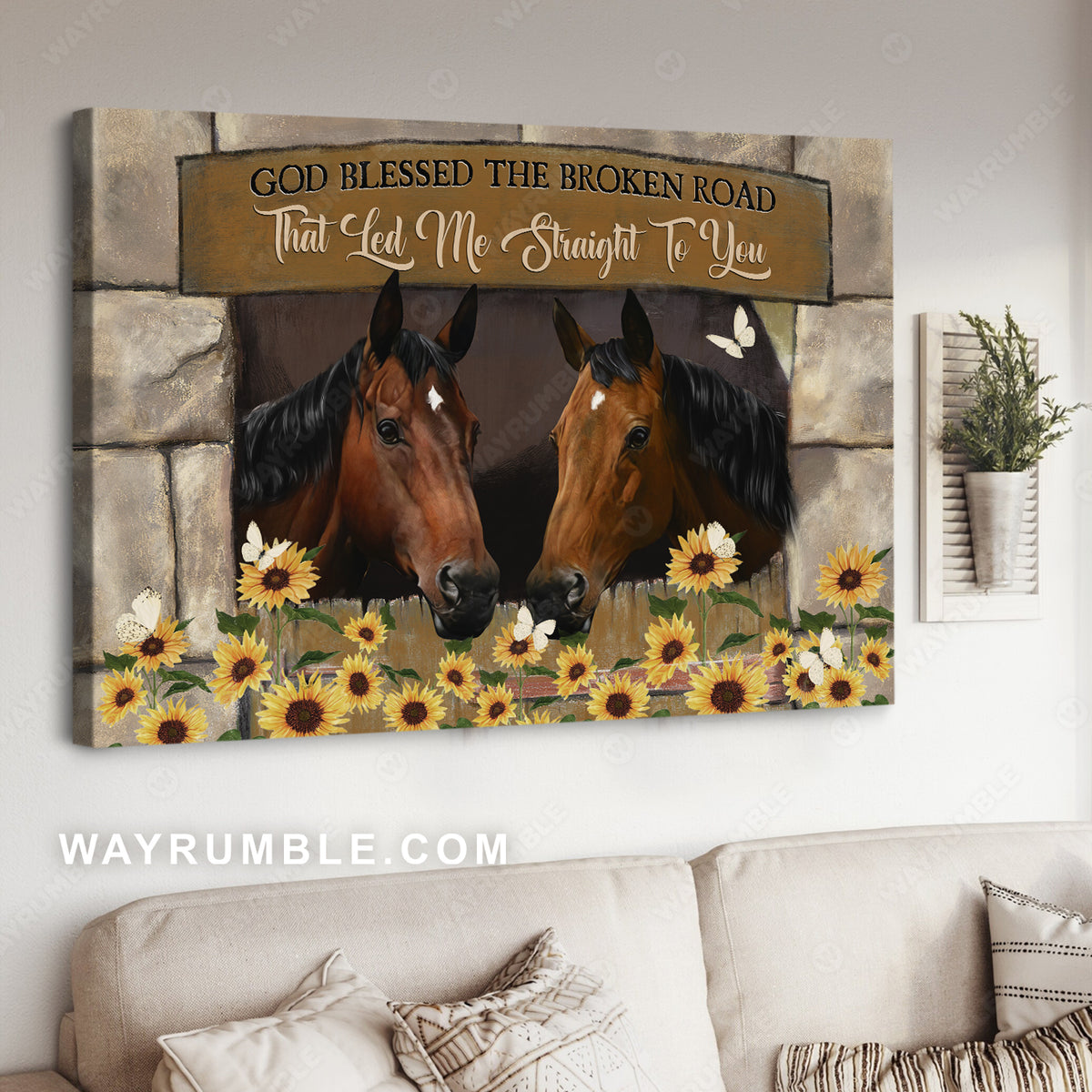 Brown horse, Sunflower painting, Rock wall, God blessed the broken road - Jesus Landscape Canvas Prints, Christian Wall Art