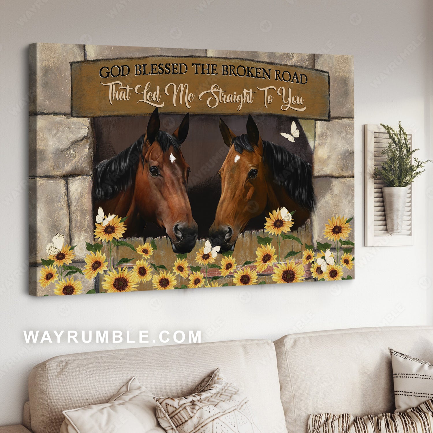 Brown horse, Sunflower painting, Rock wall, God blessed the broken road - Jesus Landscape Canvas Prints, Christian Wall Art