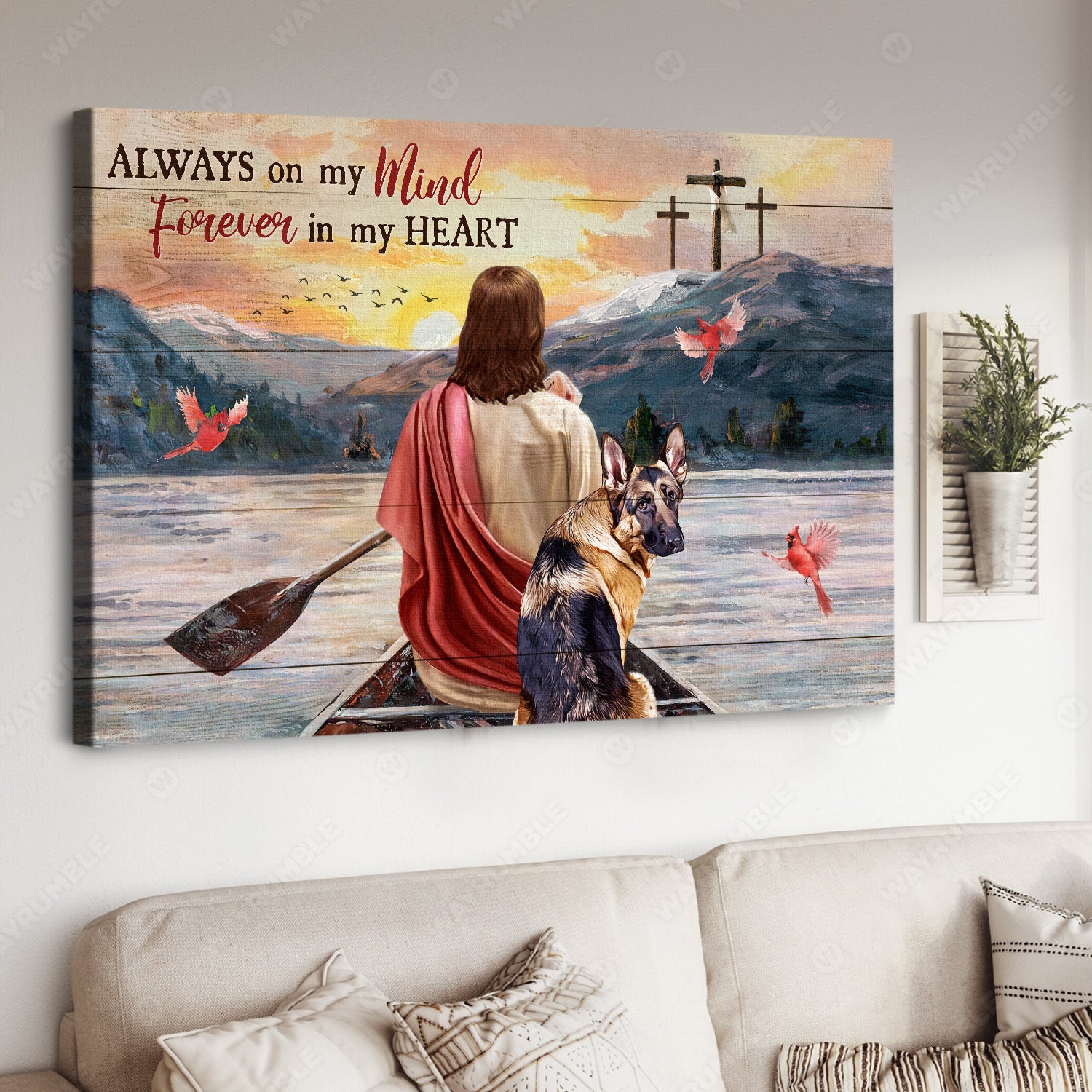 Magic lake, German Shepherd dog, Walking with Jesus, Always on my mind - Jesus Landscape Canvas Prints, Home Decor Wall Art
