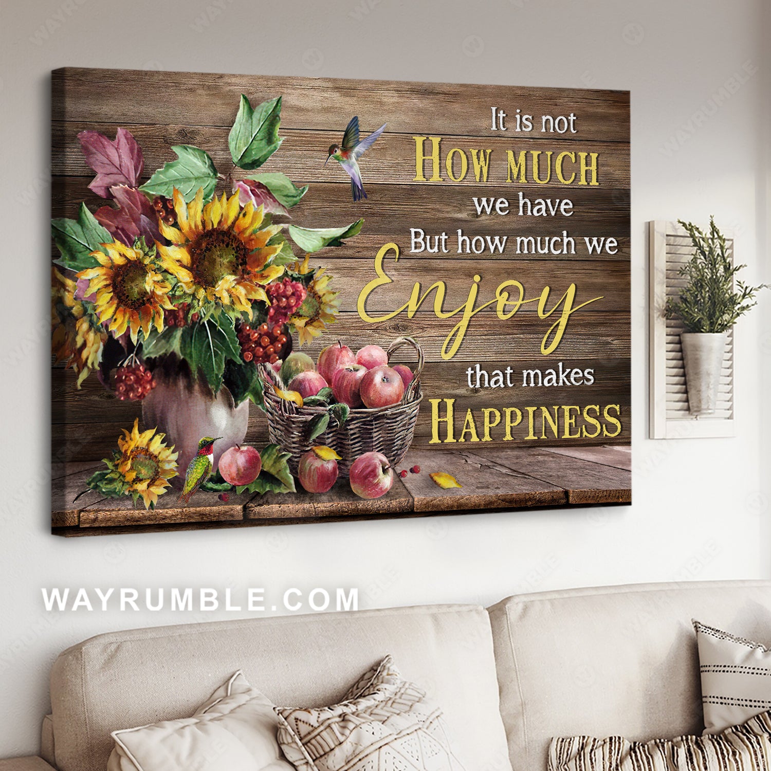 Apple drawing, Sunflower vase, Hummingbird, Enjoy that makes happiness - Jesus Landscape Canvas Prints, Christian Wall Art
