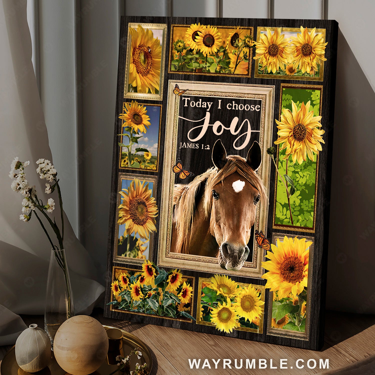 Sunflower frame, Quarter horse, Monarch butterfly, Today I choose joy - Jesus Portrait Canvas Prints, Home Decor Wall Art