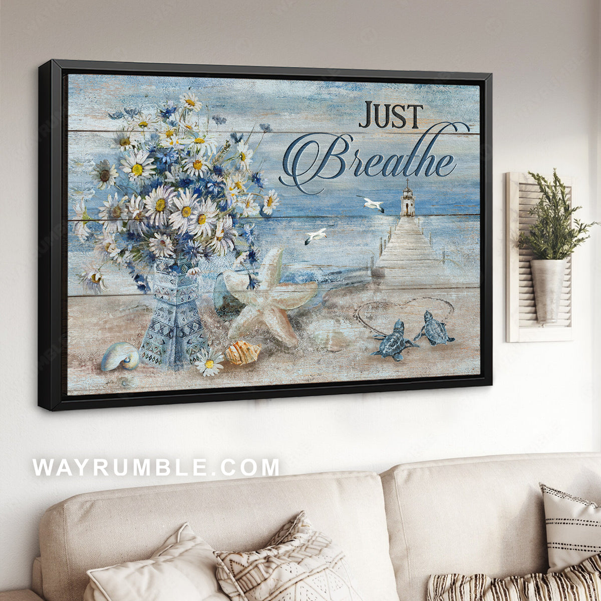 Blue ocean, Pretty daisy vase, Sea turtle, Light house, Just breathe - Jesus Landscape Canvas Prints, Christian Wall Art