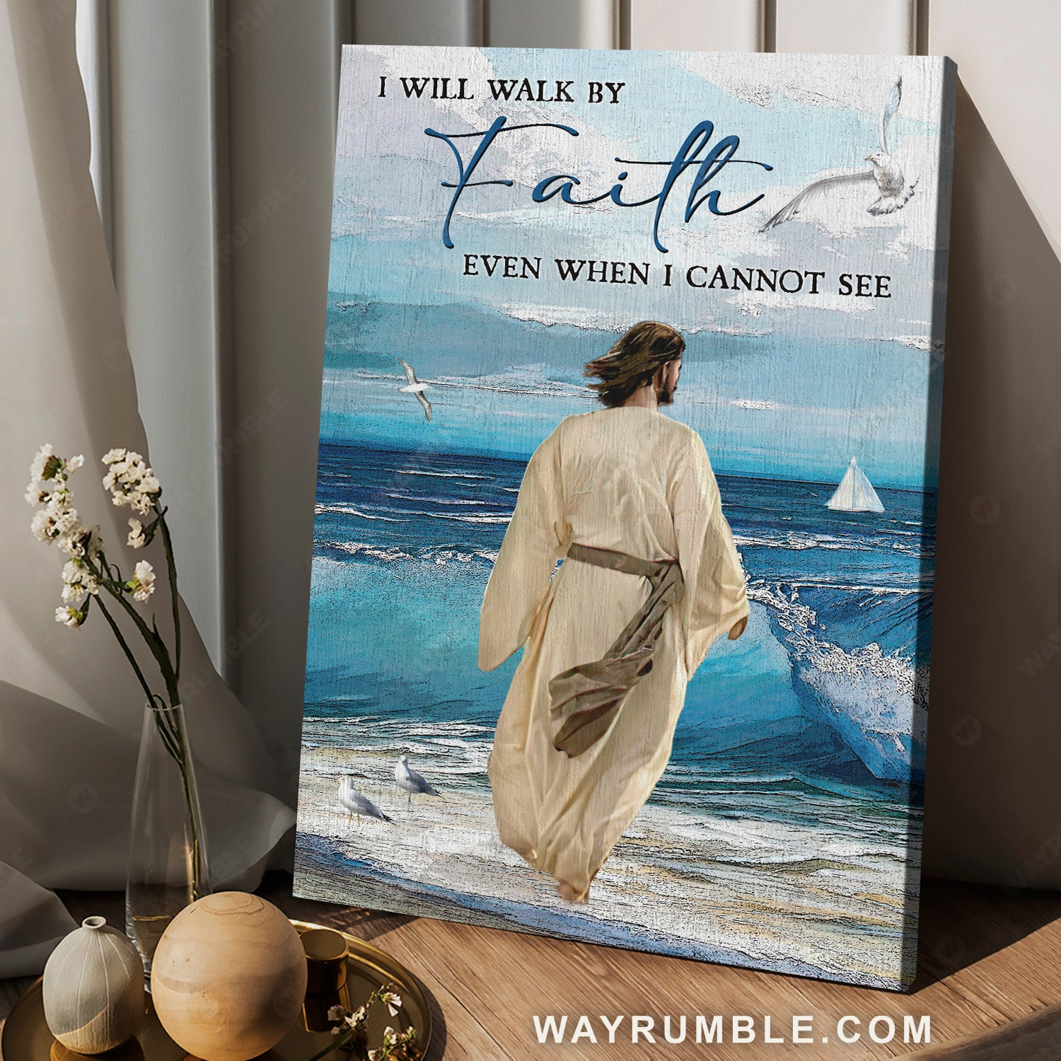 Amazing Jesus painting, Stunning ocean, Seagull, I will walk by faith - Jesus Portrait Canvas Prints, Christian Wall Art