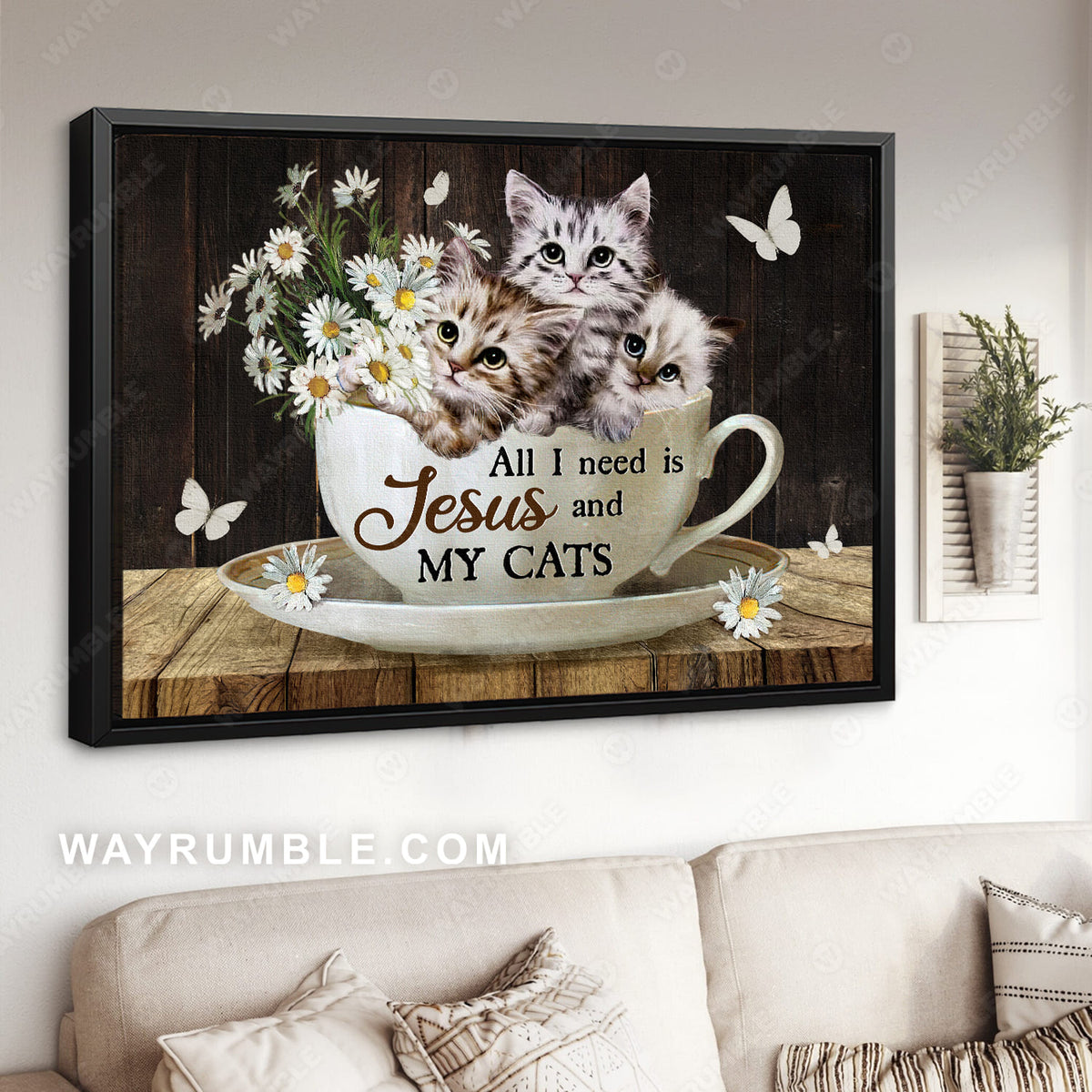 White cat drawing, Daisy flower, Tea cup, All I need is Jesus and my cats - Jesus Landscape Canvas Prints, Christian Wall Art