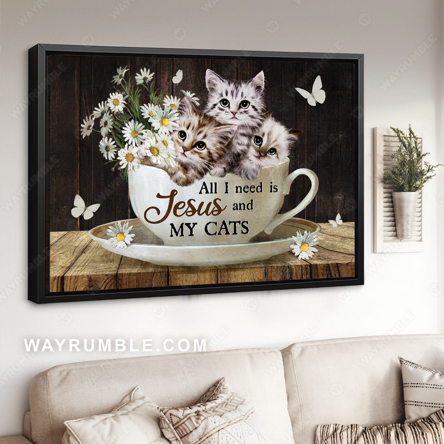 White cat drawing, Daisy flower, Tea cup, All I need is Jesus and my cats - Jesus Landscape Canvas Prints, Christian Wall Art