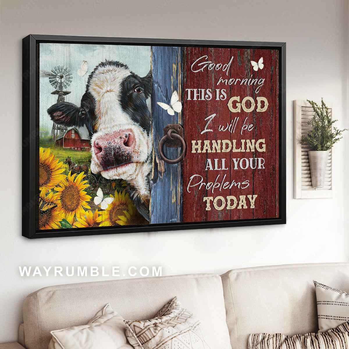 Amazing dairy cow, Sunflower garden, Good morning, This is God - Jesus Landscape Canvas Prints, Christian Wall Art