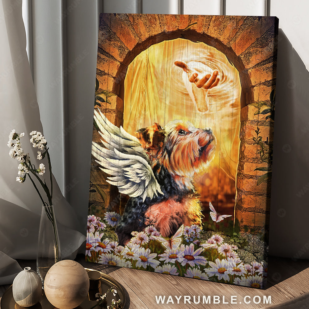 Watercolor Yorkshire dog, Daisy garden, Walking with Jesus - Jesus Portrait Canvas Prints, Christian Wall Art