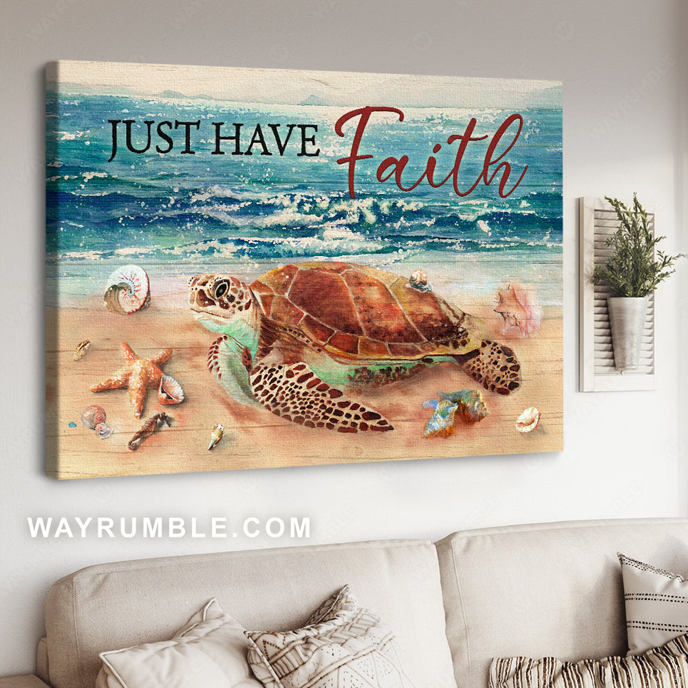 Brown turtle drawing, Beautiful beach, Just have faith - Jesus Landscape Canvas Prints, Christian Wall Art