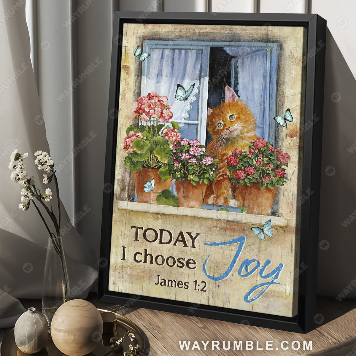 Orange cat, Red hydrangea, Pretty window, Today I choose joy - Jesus Portrait Canvas Prints, Christian Wall Art