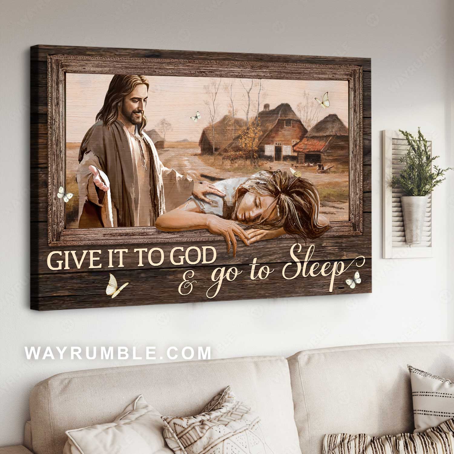 Happy Jesus, Beautiful girl, White butterfly, Give it to God and go to sleep - Jesus Landscape Canvas Prints, Home Decor Wall Art