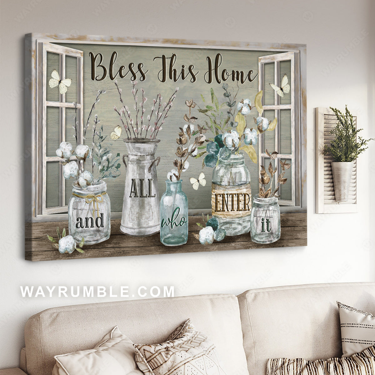 Pretty cotton flower, Crystal vase, White butterfly, Bless this home - Jesus Landscape Canvas Prints, Christian Wall Art