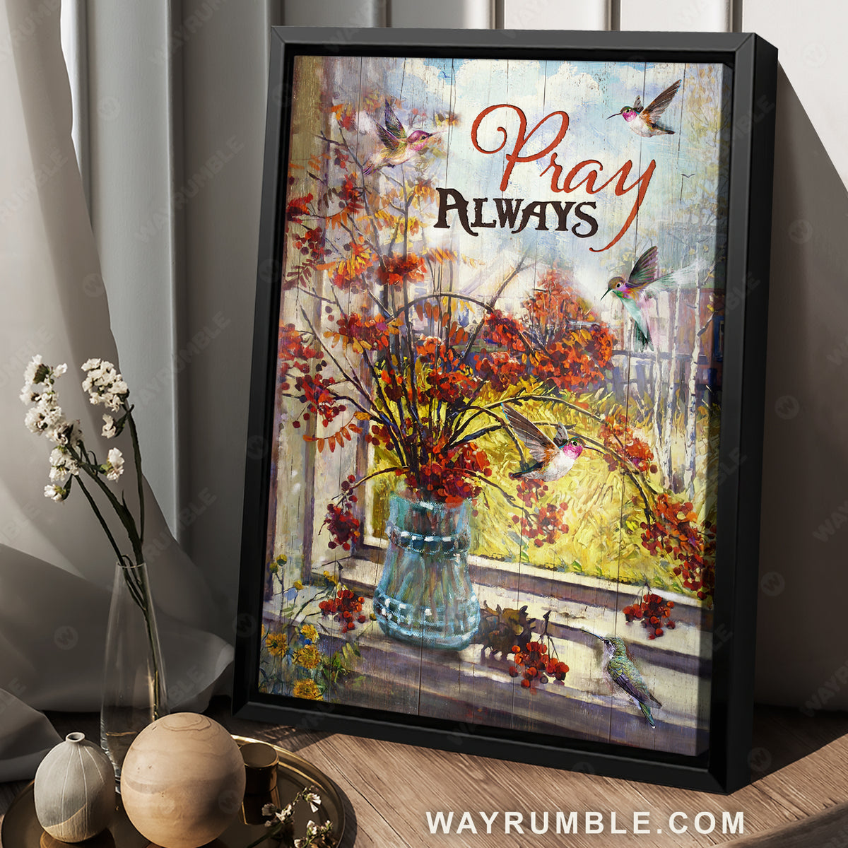 Baby orange flower, Autumn drawing, Hummingbird painting, Pray always - Jesus Portrait Canvas Prints, Christian Wall Art