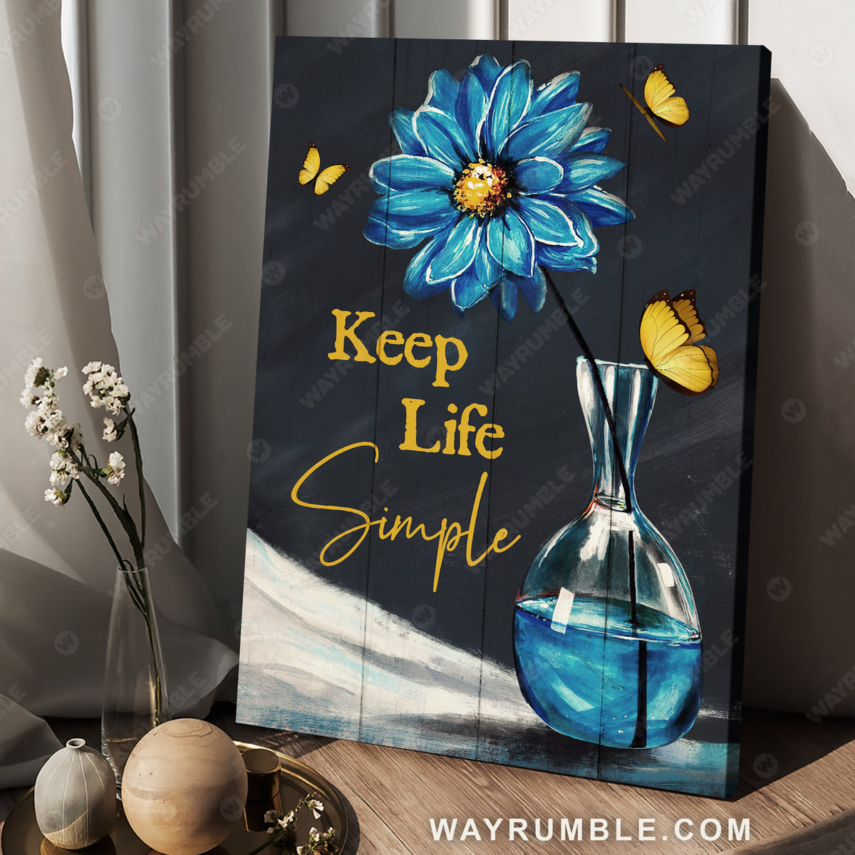 Blue daisy drawing, Yellow butterfly, Still life painting, Keep life simple - Jesus Portrait Canvas Prints, Christian Wall Art