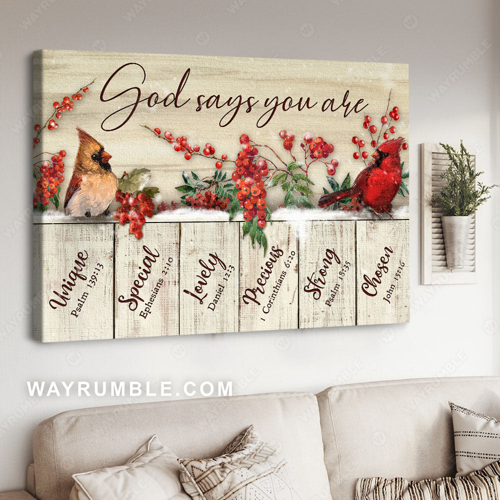 Frozen cranberry, Cute cardinal, Day of winter, God says you are unique - Jesus Landscape Canvas Prints, Christian Wall Art