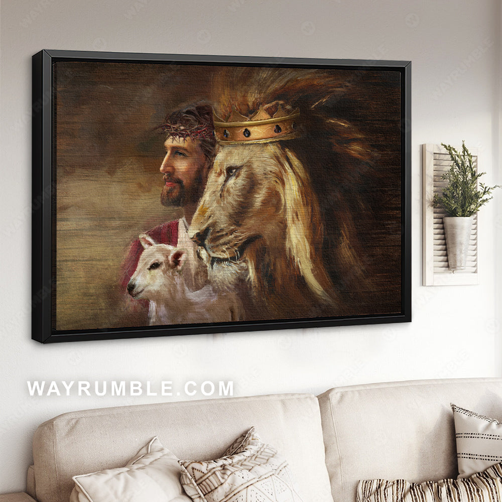 Amazing Jesus painting, Lion artwork, Watercolor lamb, Unique crown - Jesus Landscape Canvas Prints, Christian Wall Art