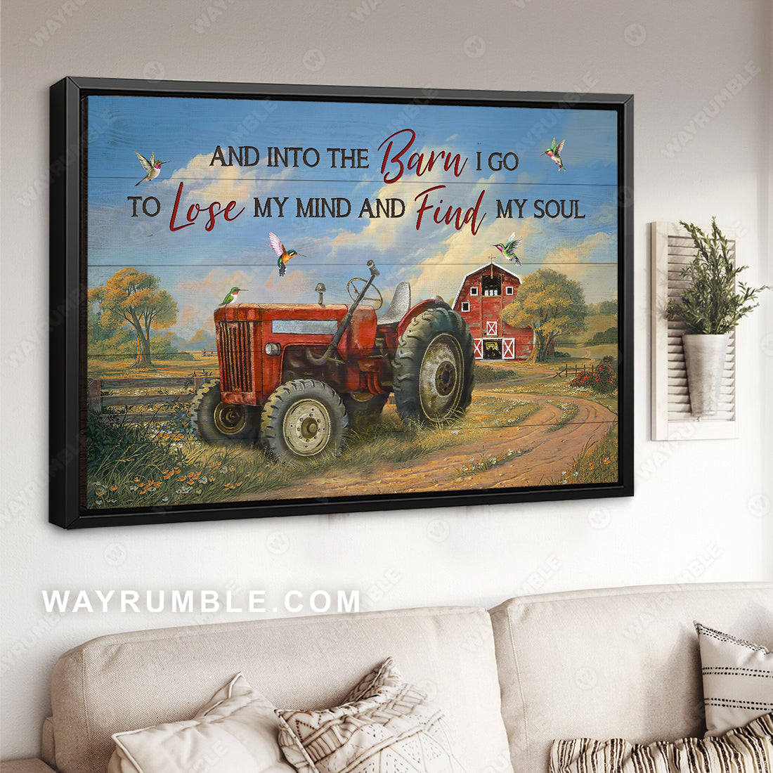 Red tractor, Green meadow, Colorful hummingbird, And into the barn - Jesus Landscape Canvas Prints, Christian Wall Art