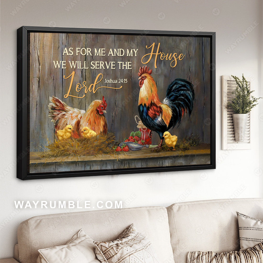 Watercolor rooster, Farm painting, We will serve the Lord - Jesus Landscape Canvas Prints, Christian Wall Art