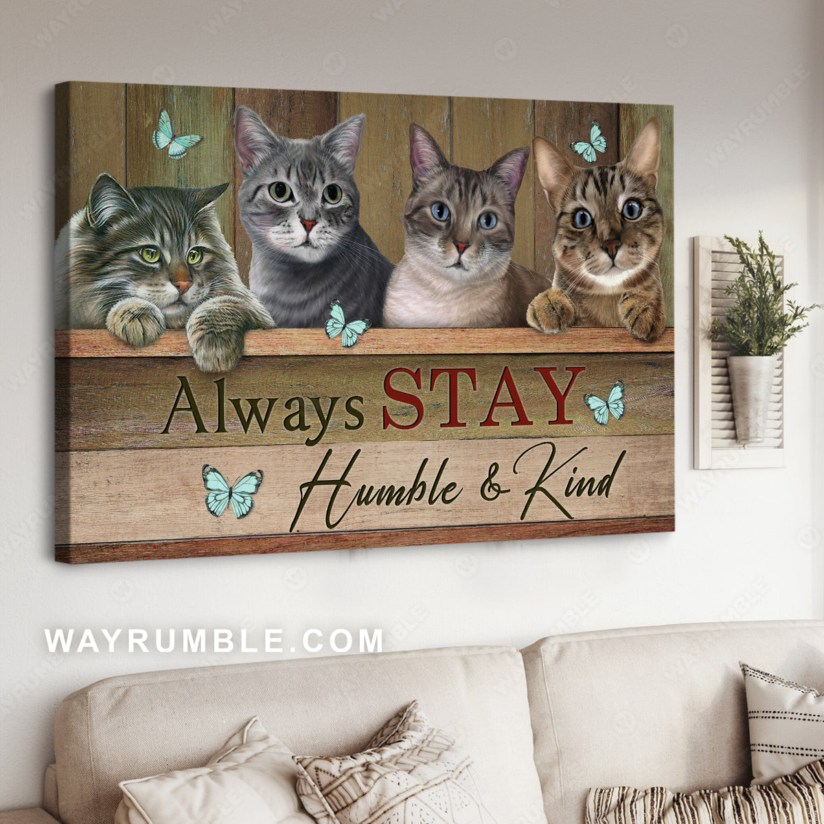 Cute cat drawing, Blue butterfly, Always stay humble and kind - Jesus Landscape Canvas Prints, Christian Wall Art