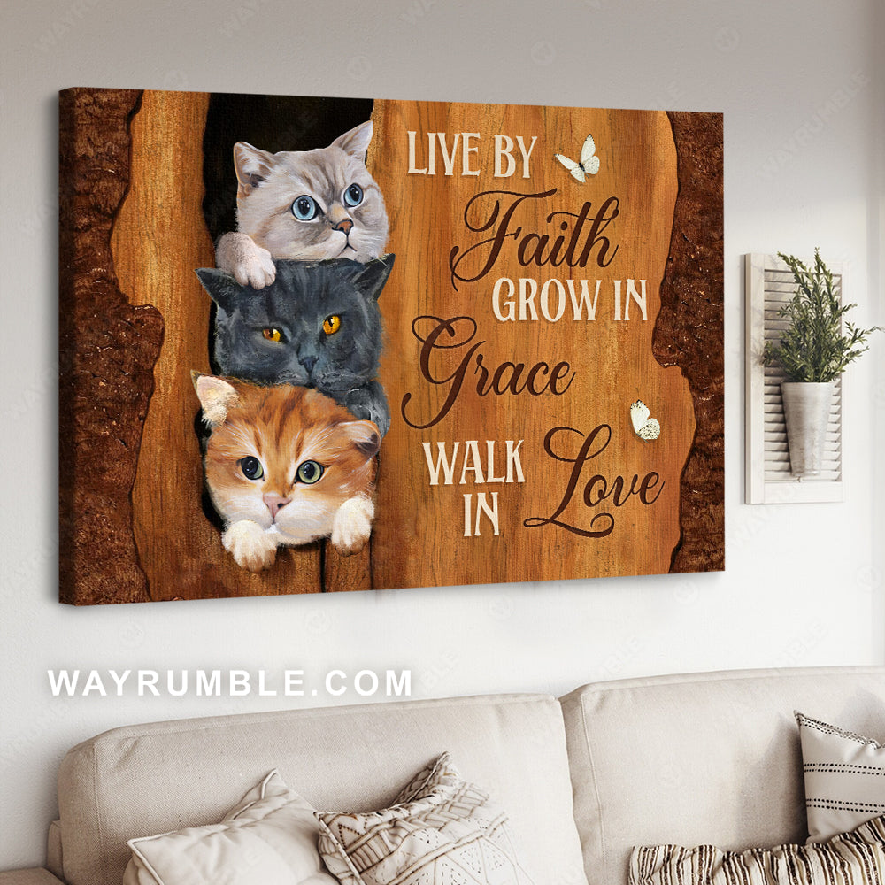 Cute cat painting, Wooden background, Pretty butterfly, Live by faith - Jesus Landscape Canvas Prints, Christian Wall Art