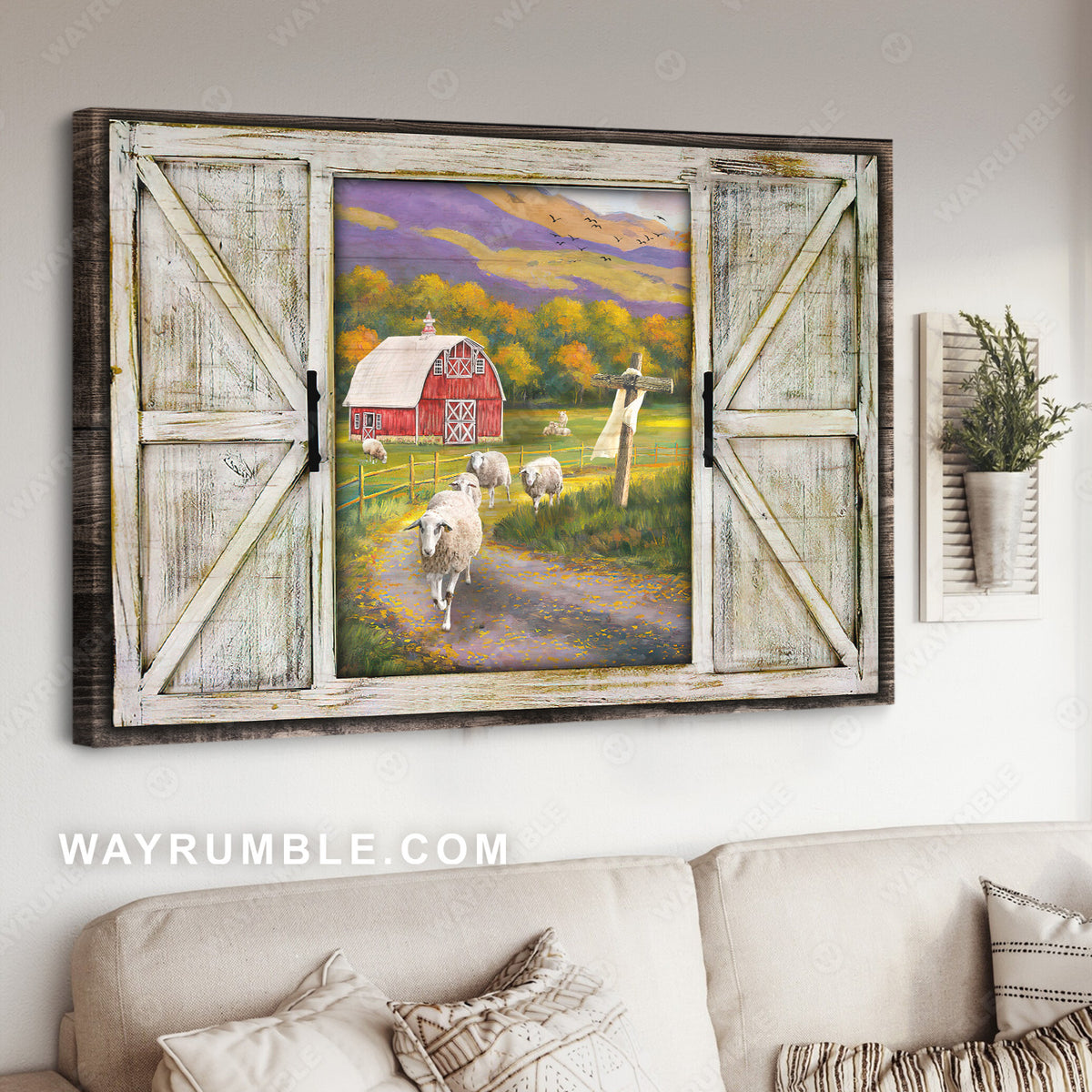 Unique lamb drawing, Green meadow, Colorful mountain, Cross symbol - Jesus Landscape Canvas Prints, Christian Wall Art