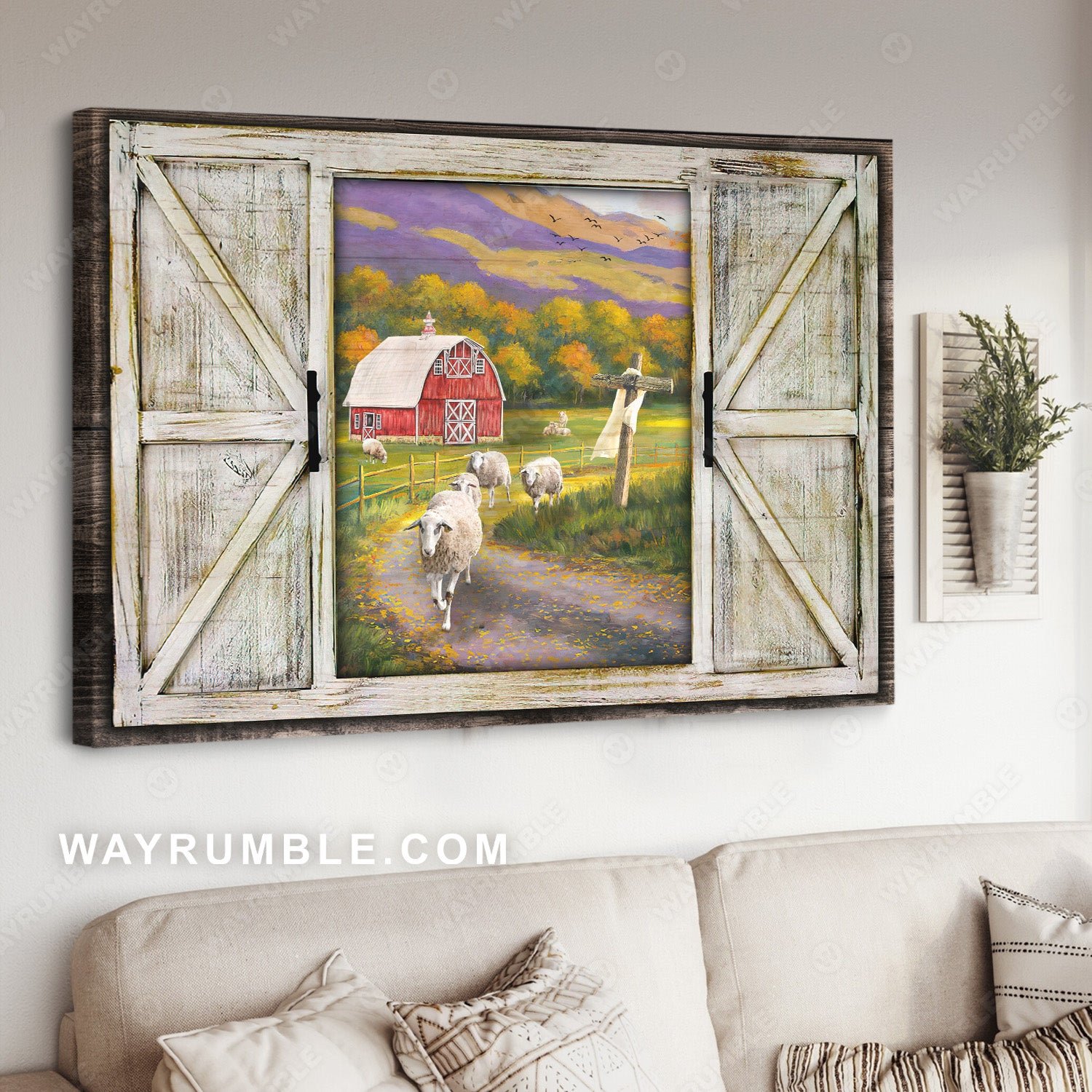 Unique lamb drawing, Green meadow, Colorful mountain, Cross symbol - Jesus Landscape Canvas Prints, Christian Wall Art