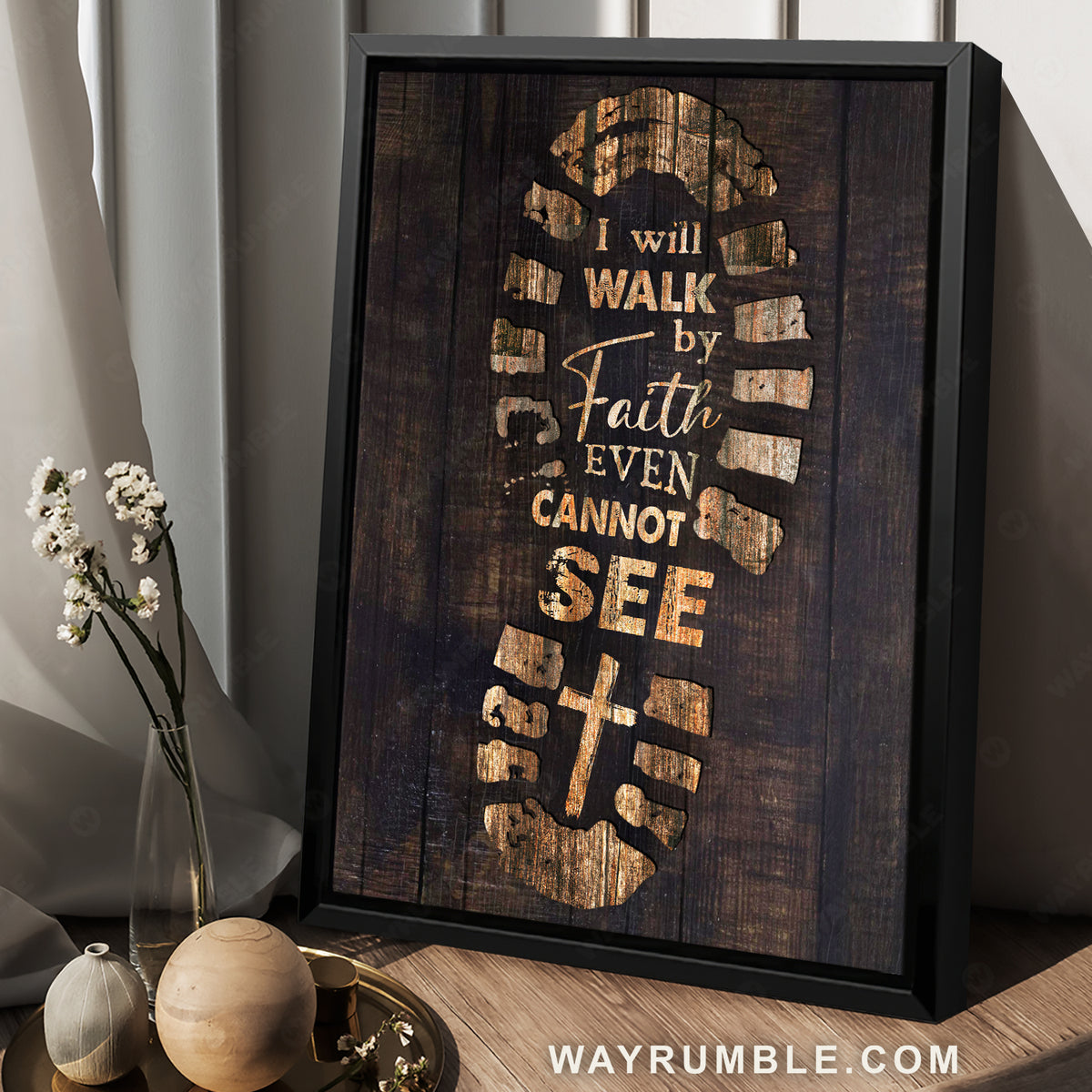 Big footprint, Cross symbol, I will walk by faith even cannot see - Jesus Portrait Canvas Prints, Christian Wall Art