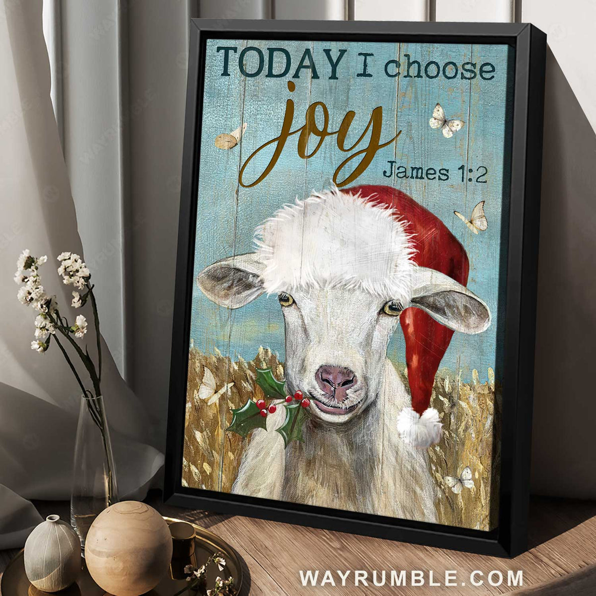 White goat, Christmas hat, Rice field, Today I choose joy - Jesus Portrait Canvas Prints, Home Decor Wall Art