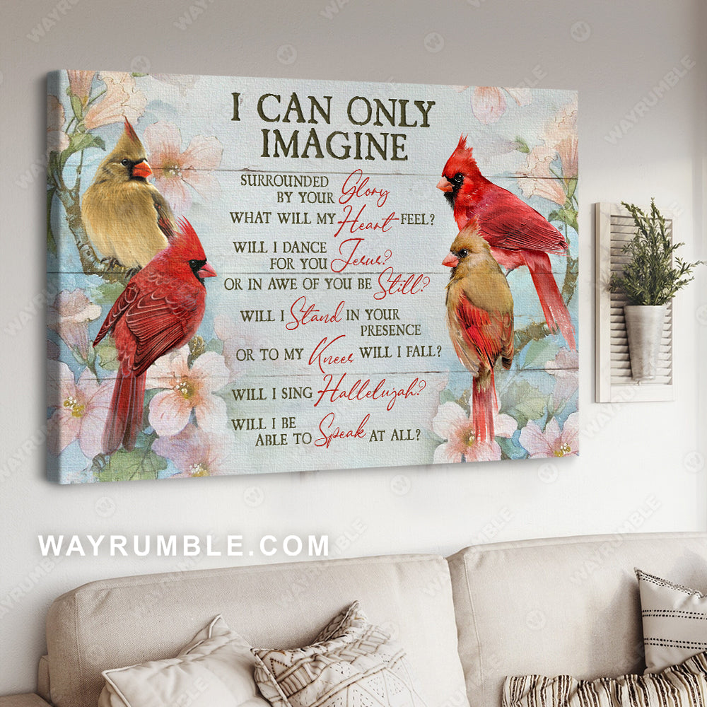Pink peach blossom, Cardinal drawing, Spring painting, I can only imagine - Jesus Landscape Canvas Prints, Christian Wall Art
