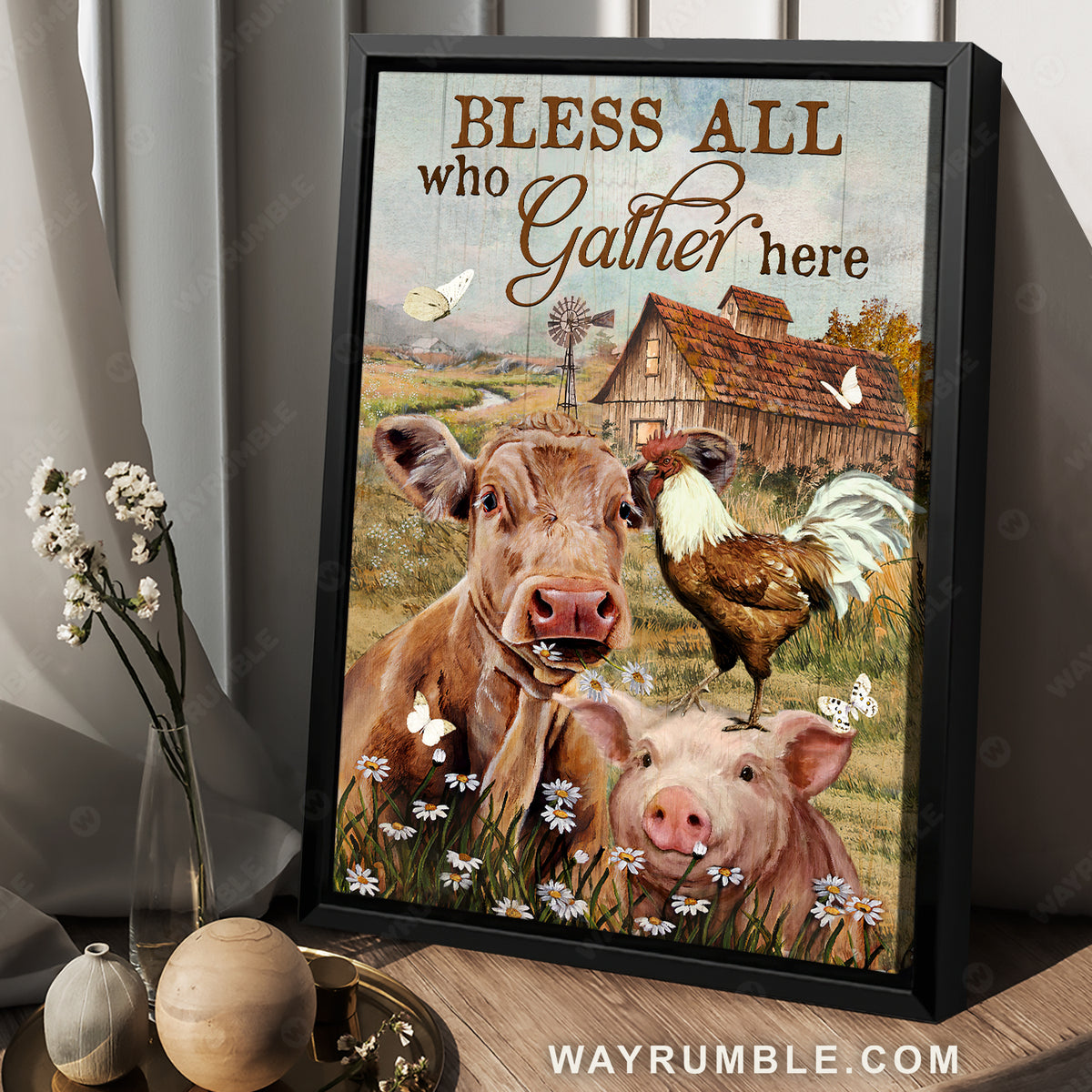 Animal drawing, Daisy field, Rooster painting, Bless all who gather here - Jesus Portrait Canvas Prints, Christian Wall Art