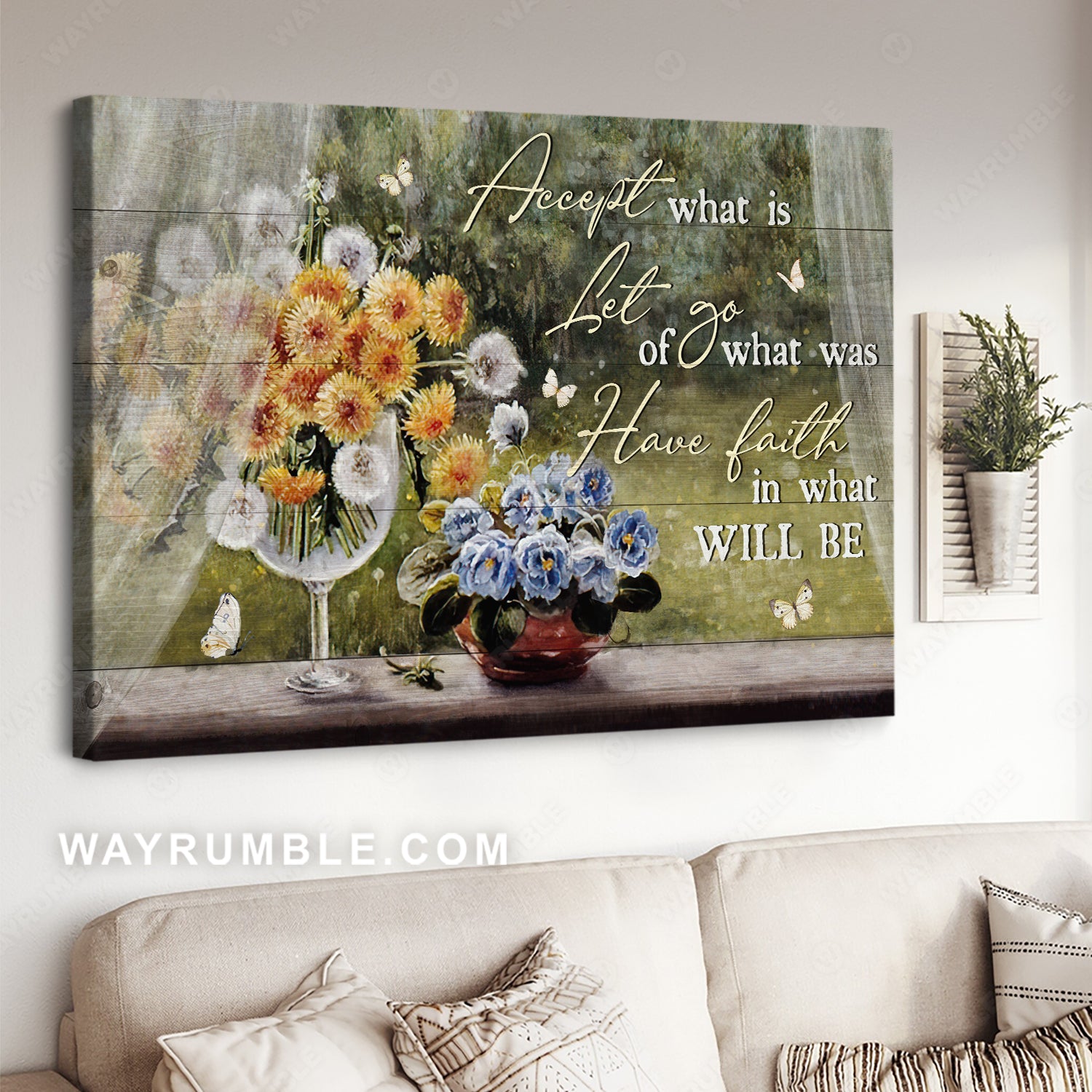 Yellow dandelion, Blue flower, Magic garden, Accept what is let go - Jesus Landscape Canvas Prints, Christian Wall Art