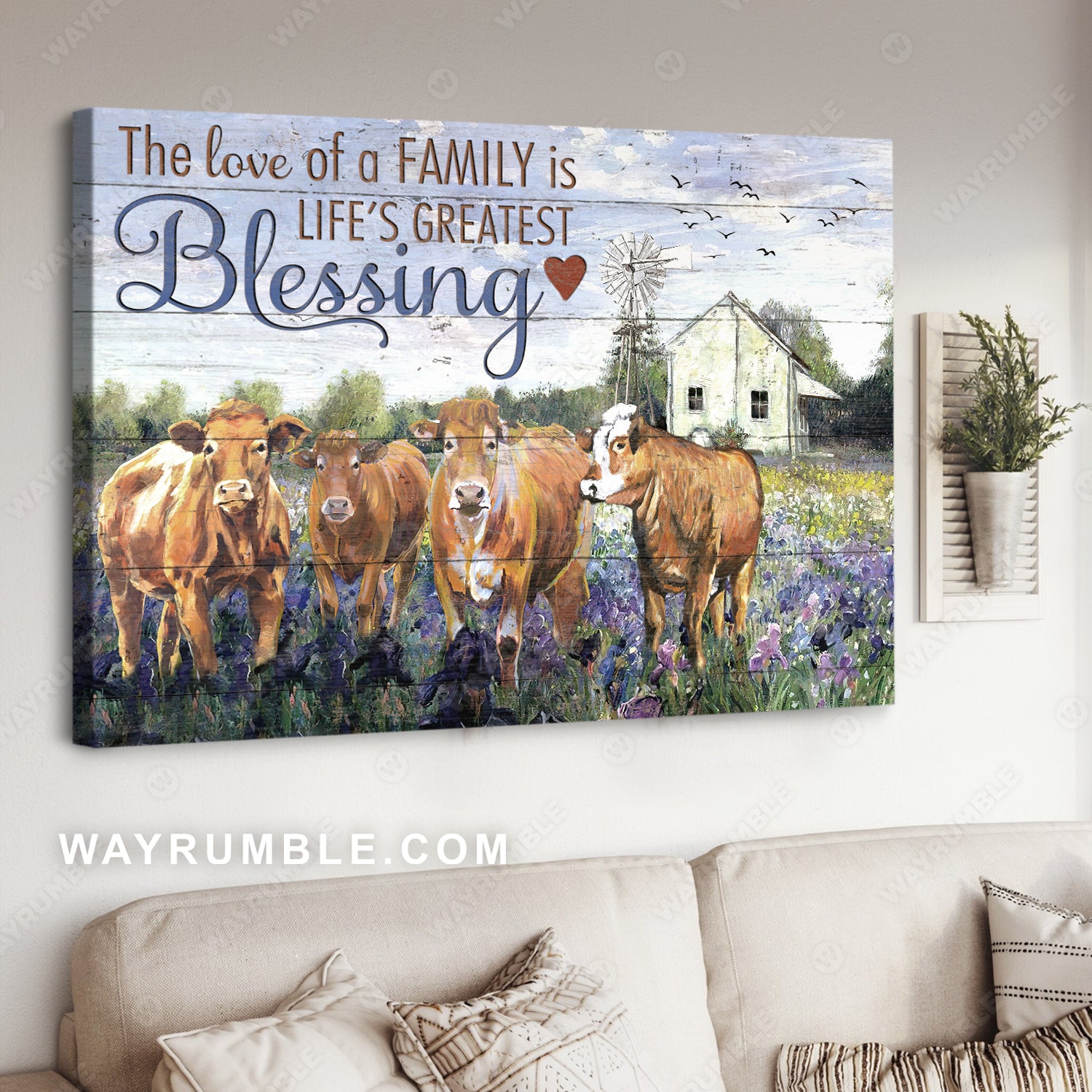 Watercolor cow, Lavender field, The love of a family is life's greatest blessing - Jesus Landscape Canvas Prints, Christian Wall Art