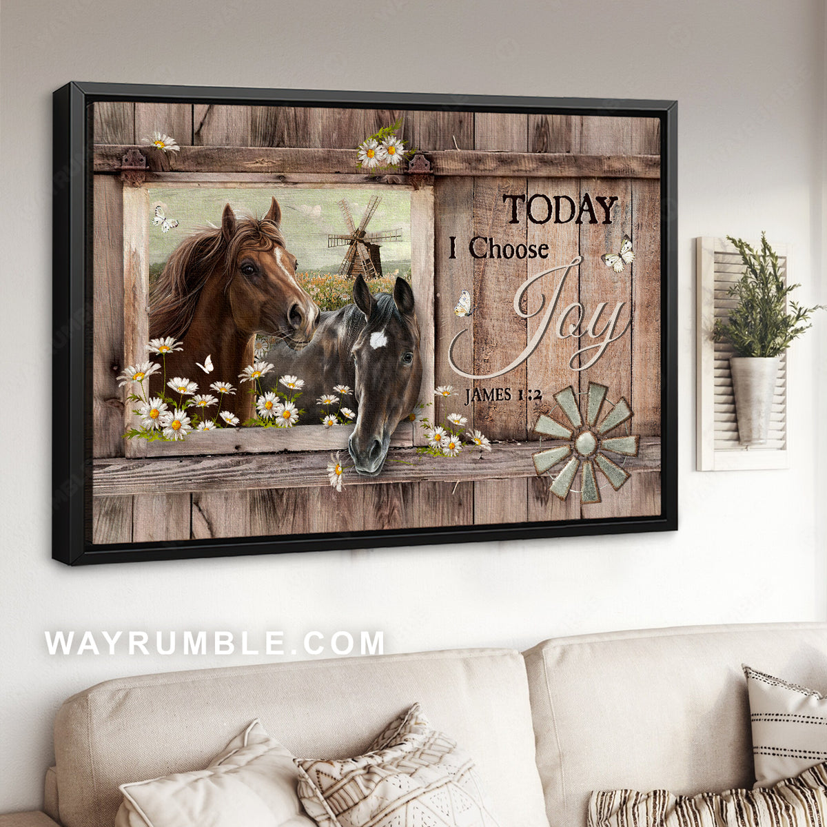 Cute horse drawing, Daisy flower, Wooden windmill, Today I choose joy - Jesus Landscape Canvas Prints, Christian Wall Art