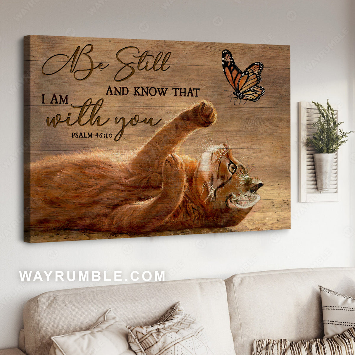 Brown cat, Butterfly drawing, Gift for cat lover, Be still and know that I am with you - Jesus Landscape Canvas Prints, Christian Wall Art