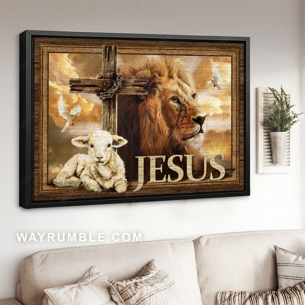 Cute lamb, Cross symbol, Amazing lion, White dove artwork, Jesus - Jesus Landscape Canvas Prints, Christian Wall Art