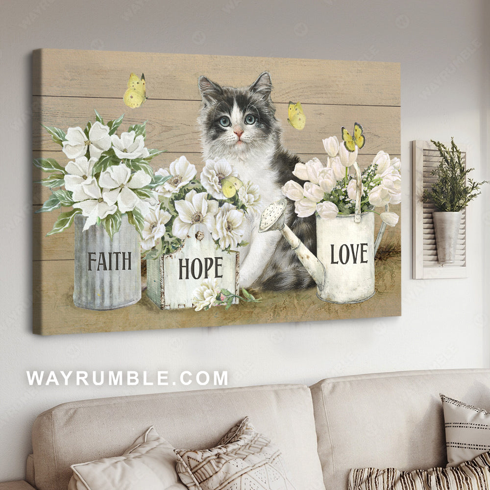 Pretty cat drawing, White tulip flower, Faith Hope Love - Jesus Landscape Canvas Prints, Christian Wall Art