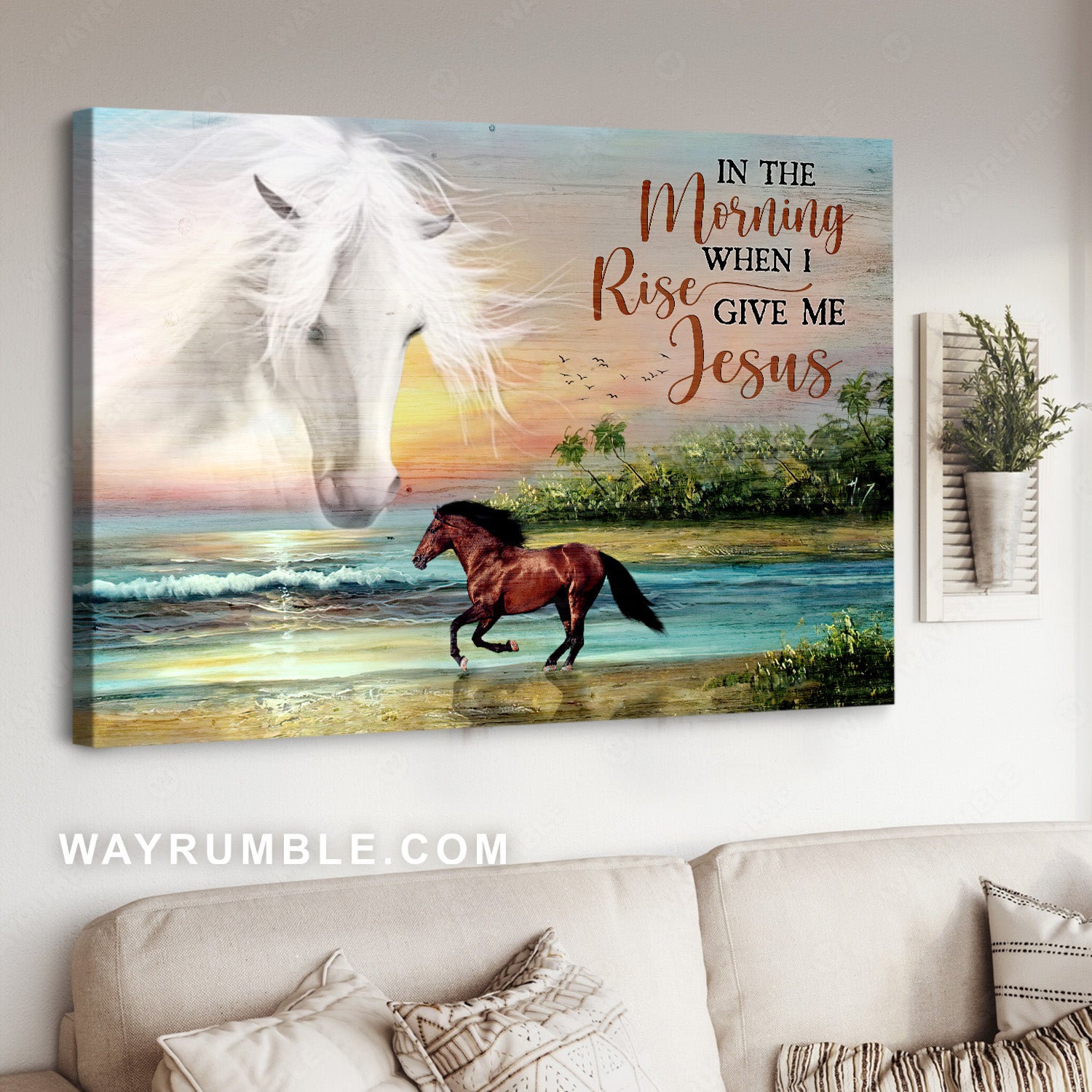 Pretty white horse, Running horse, Ocean view, In the morning when I rise - Jesus Landscape Canvas Prints, Christian Wall Art