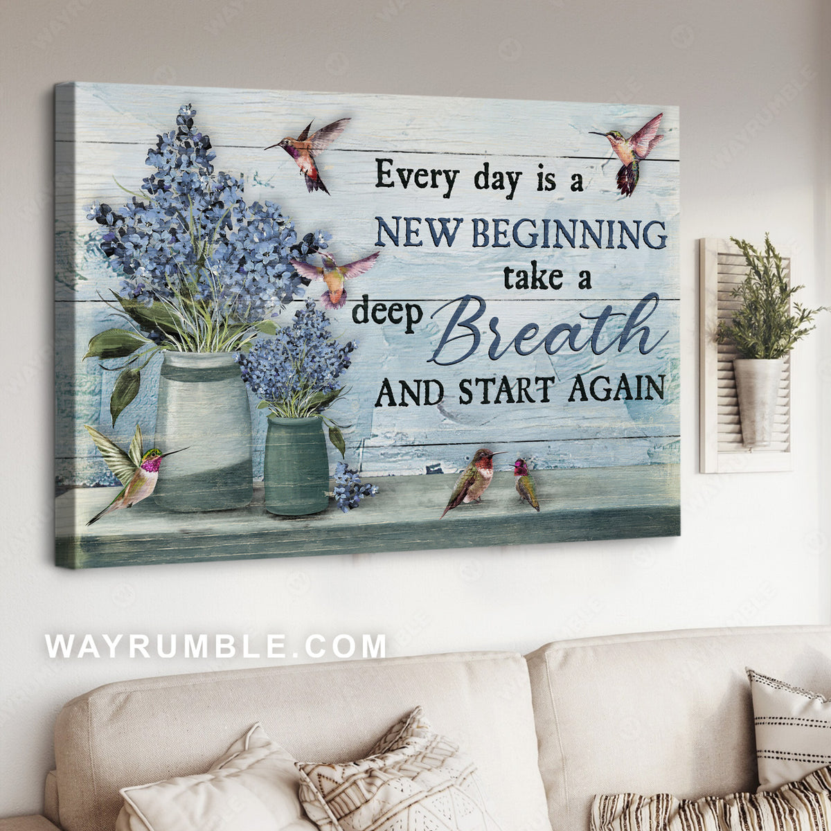 Vintage blue flower, Beautiful hummingbird, Every day is a new beginning - Jesus Landscape Canvas Prints, Christian Wall Art