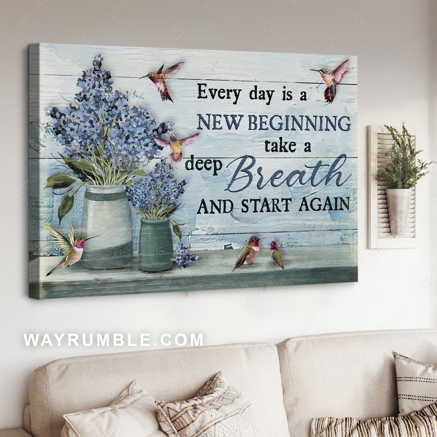 Vintage blue flower, Beautiful hummingbird, Every day is a new beginning - Jesus Landscape Canvas Prints, Christian Wall Art