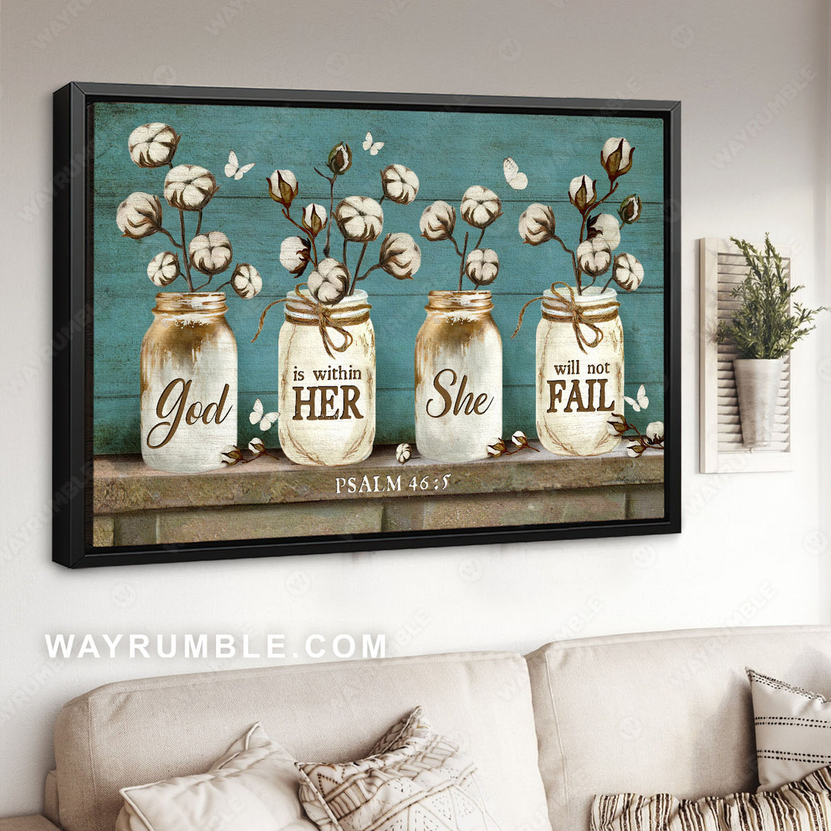 Cotton flower, Jade background, God is within her - Jesus Landscape Canvas Prints, Christian Wall Art