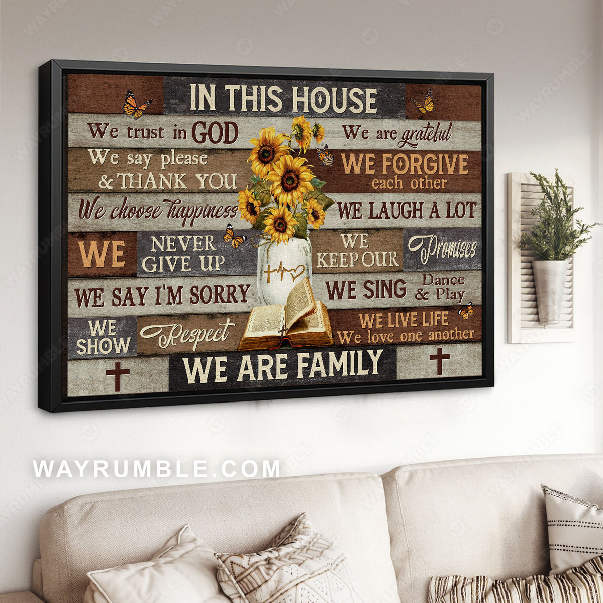 Sunflower vase, Antique bible, In this house, We trust in God - Jesus Landscape Canvas Prints, Christian Wall Art